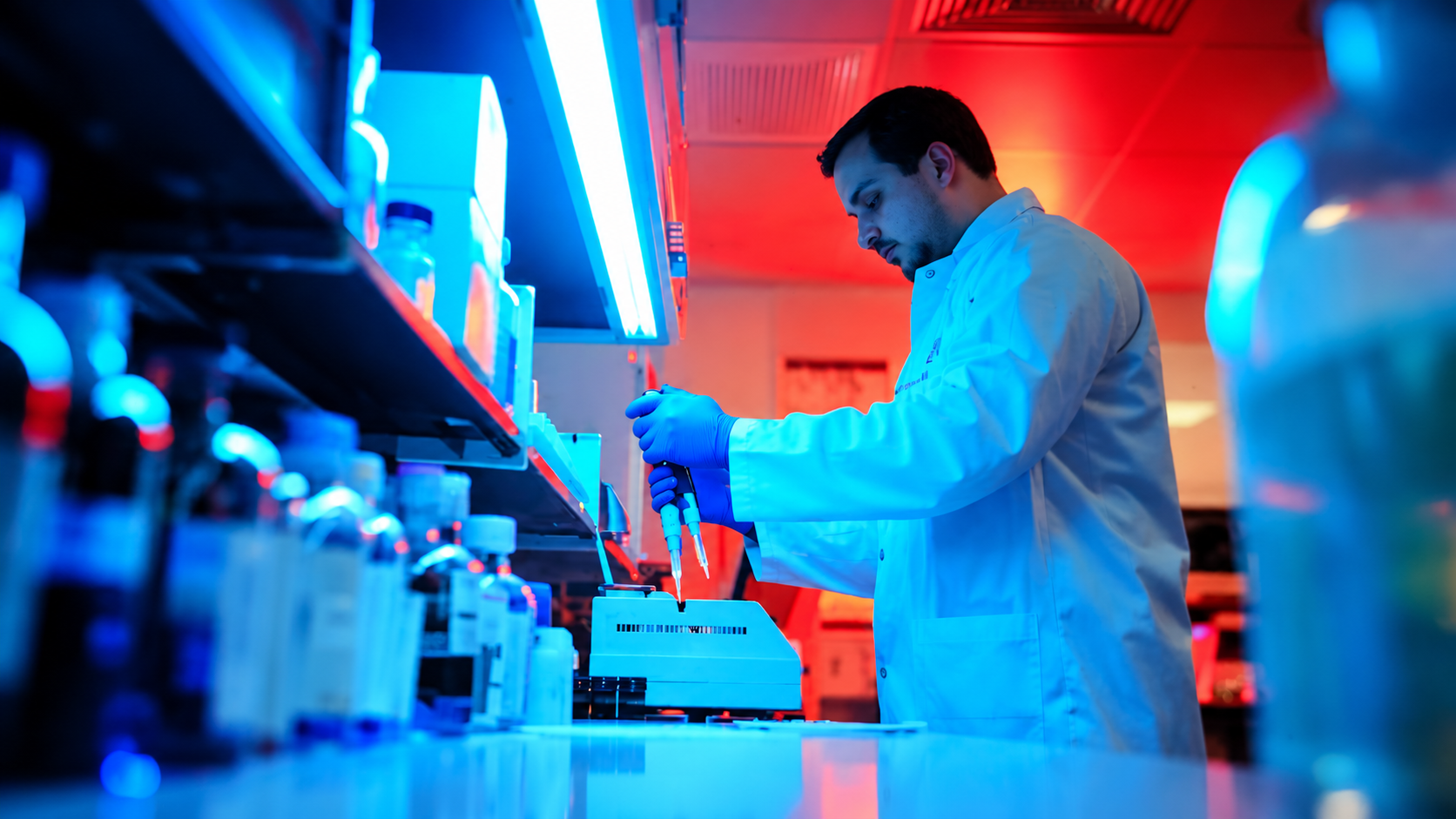 Neon-lit Scientist at the Lab Bench